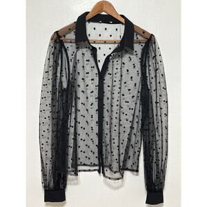 Whimsigoth Coquette Sheer Polka Dot Puff Sleeve Blouse L Black Wednesday Adams
